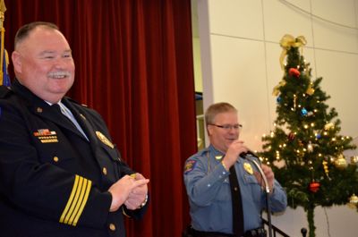Rex Taylor shares a laugh with his replacement, new Roeland Park chief John Morris.