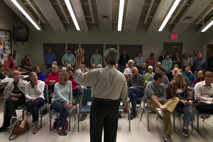 Chuck Dehner asked the crowd to keep comments to five minutes each after the frequently interrupted presentation ended.
