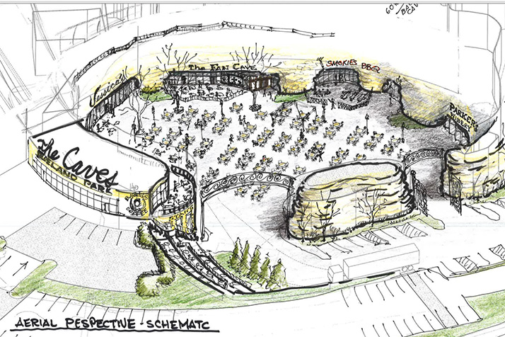 A drawing of a possible development of an entertainment site using the old pool ground and the limestone caves. The drawing was done by Roeland Park Mayor Joel Marquardt.