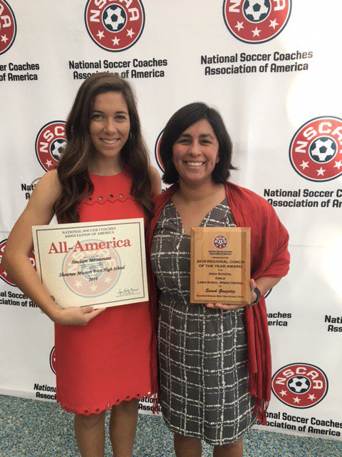 Shawnee Mission West alumna Sinclaire Miramontez and Vikings coach Sarah Gonzalez receive their All-American award and coach of the year award, respectively, at the NSCAA luncheon on Jan. 14.