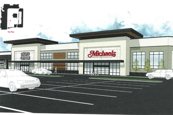 A rendering of the shops at the southwest corner of the property after reskinning.