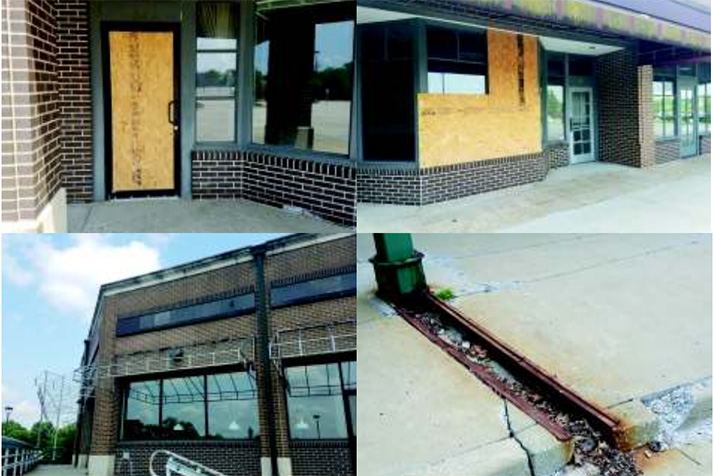 Much of the shopping center is vacant and suffering from disrepair and vandalism. Photos via city of Shawnee.