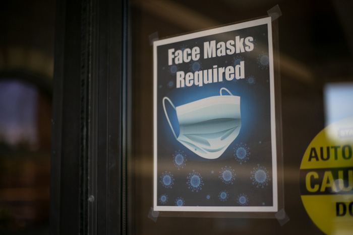 A sign at the door of the Shawnee Civic Center in July 2020 said masks were required in that facility. Shawnee will no longer enforce county health orders dealing with masks, vaccines and social distancing.