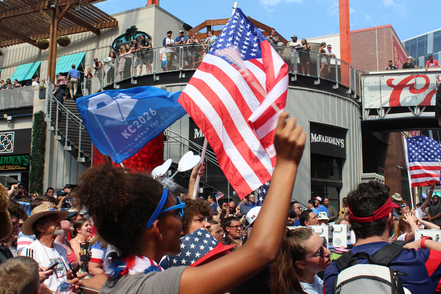 Fans at the Power & Light District in Kansas City, Missouri, in June 2022 when host cities for the 2026 World Cup, including Kansas City, were announced.
