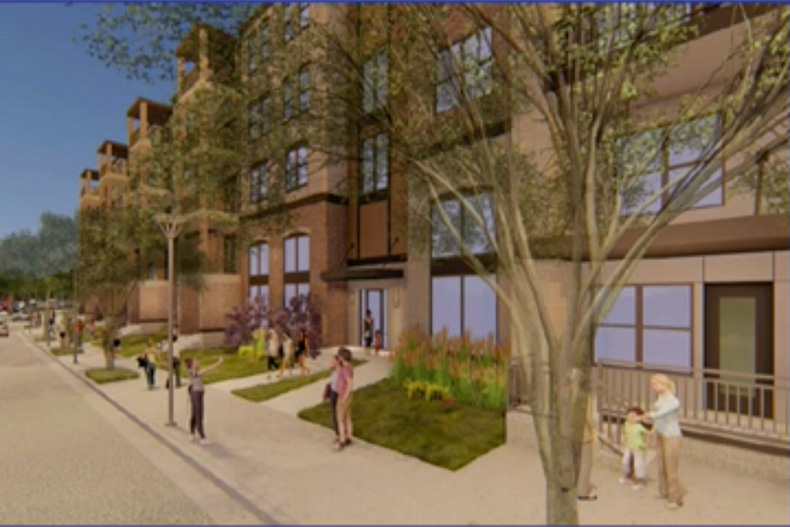 A digital rendering of brownstone style apartments in the third and final phase of Promontory.