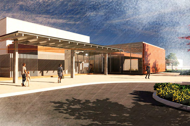 A rendering of the entrance to a new Old Town Lenexa Activity Center.
