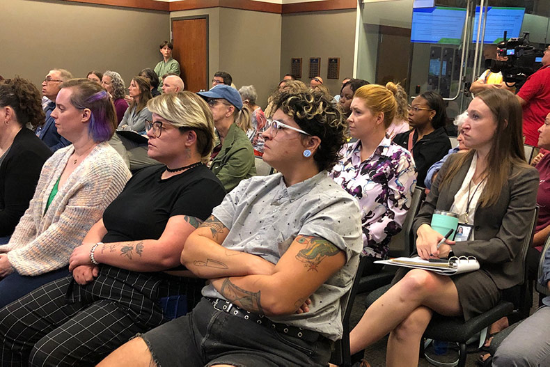 A crowd inside Shawnee City Hall, mostly in opposition to proposed legislative priority list.