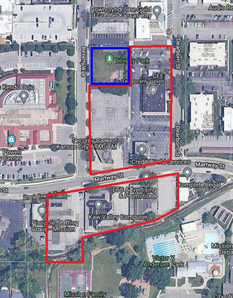 An aerial map of proposed project area for new Mission apartments. 