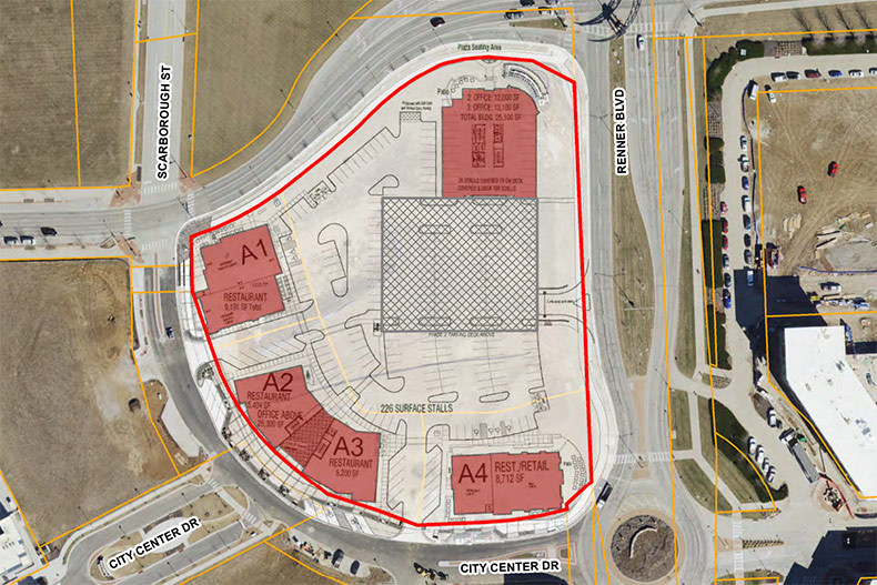 An aerial map of Lenexa City Center's "Restaurant Row."