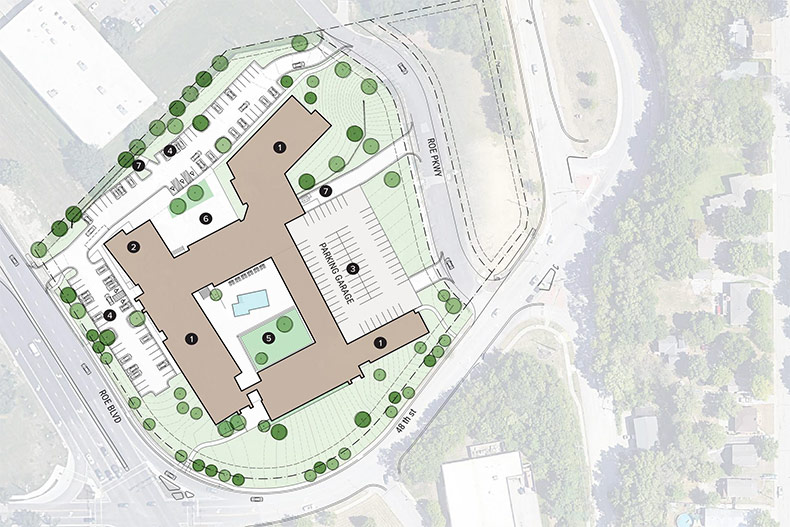 An aerial view of the proposed site at Roe Boulevard and 48th Street. Image courtesy EPC Real Estate Group.