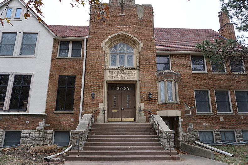 The exterior of the historic Overland Park Presbyterian Church in downtown Overland Park.