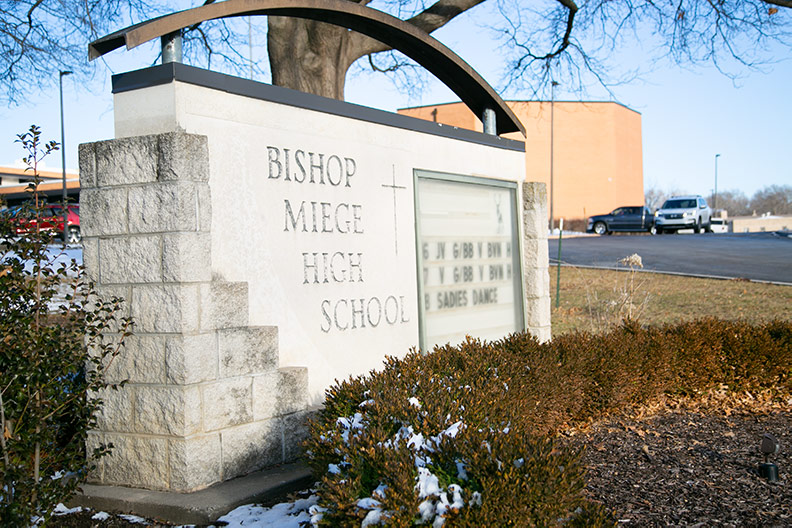 Bishop Miege threats. Pictured is the sign in front of Bishop Miege High school.