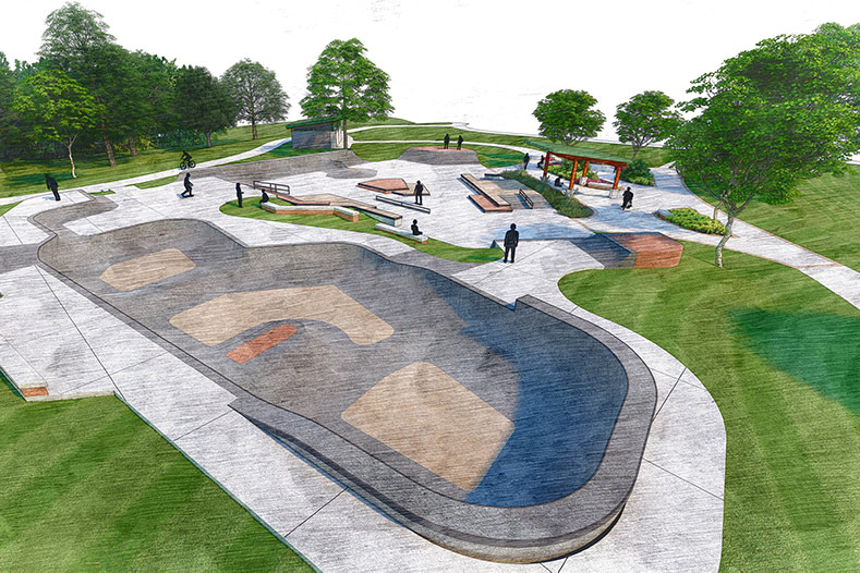 Digital rendering of the proposed design of the Sar-Ko-Par Trails Park skate park that shows a more complex skate bowl to accomodate different skills and other details for different types of practice.