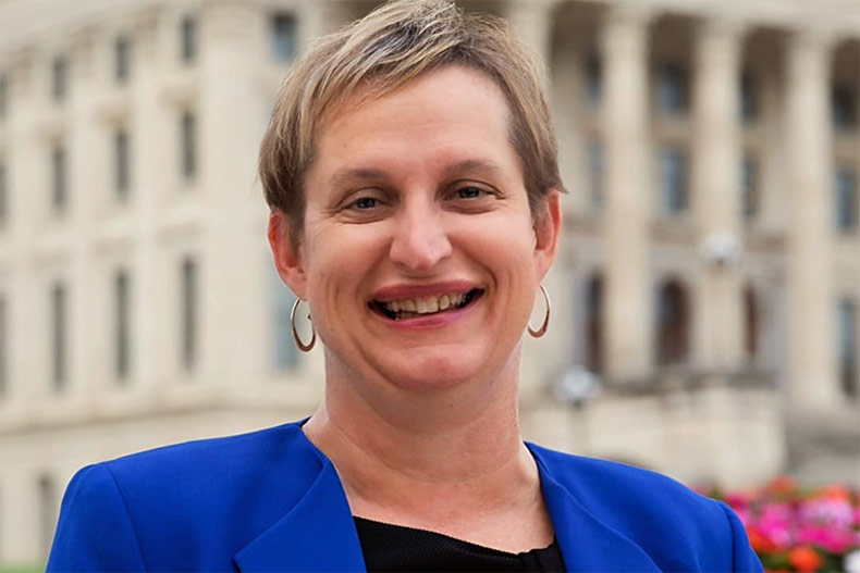 Overland Park Rep. Linda Featherston outside the Kansas statehouse in Topeka.
