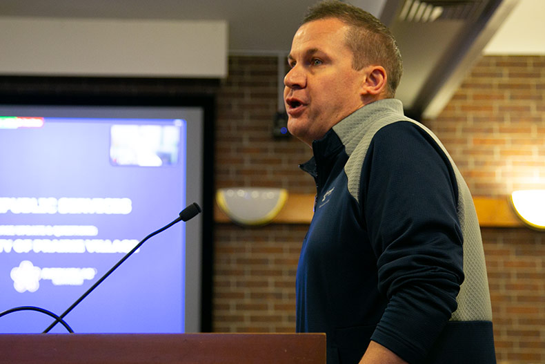 Tyler Riordan, municipal sales manager for Republic Services, speaks to the city council. 