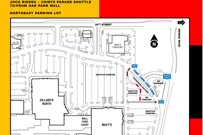 Chiefs parade transit. A map of Oak Park Mall park-and-ride bus stop