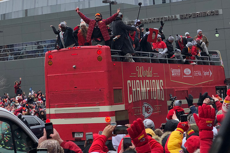 Kansas City Chiefs celebrate the 2020 Super Bowl win with a parade.
