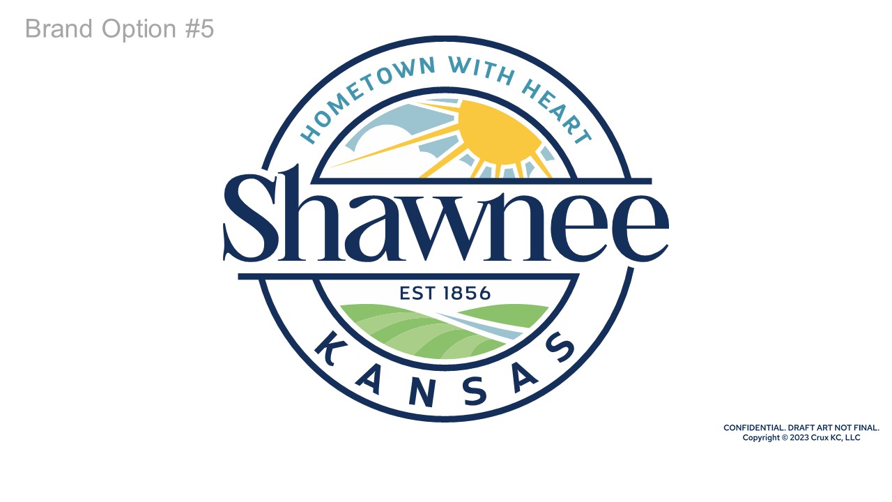 The new Shawnee brand design has rolling hills, a blue sky and a shining sun. In the actual design used in city branding going forward, the hills will be flipped so the river flows toward the sun.