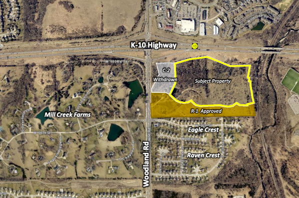 The apartments are just part of the overall Woodland Forest development plan near K-10 and Woodland Road, shown in this aerial image of the Woodland Corridor. In 2021, the Olathe City Council approved some single family homes nearby and a senior living facility.