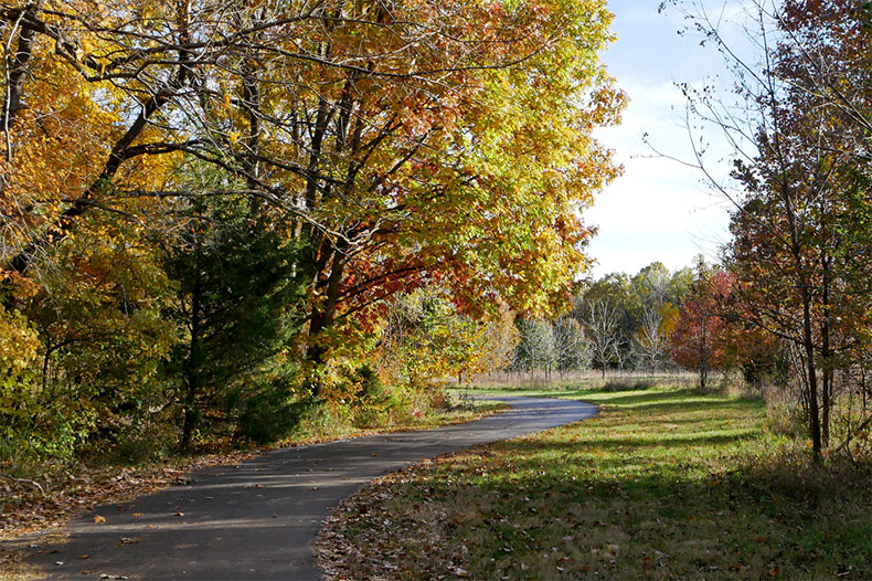 A biking and hiking trail in Overland Park, where e-bikes are allowed.