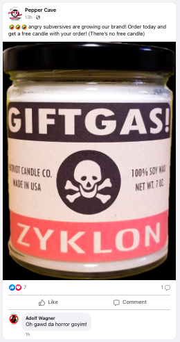 A GiftGas candle, a reference to gas used in the Holocaust.