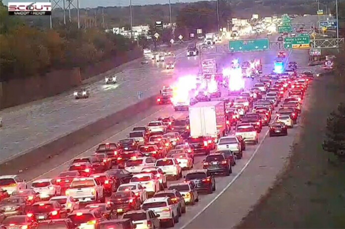 Traffic backed up on eastbound I-435 following a multi-vehicle crash Saturday evening.