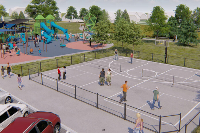 Mission Mohawk Park improvements in a rendering, showing the new playground and pickleball court that doubles as half of a basketball court.