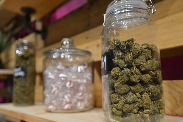 Jars of cannabis line the shelves at a legal cannabis dispensary in Missouri. While it's unlikely Kansas will have legal recreational marijuana any time soon, there's a new push to legalize it for medical use.