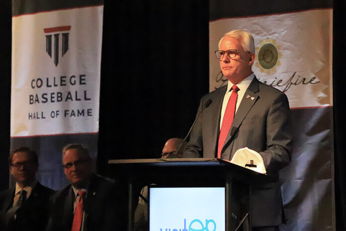 Overland Park Mayor Curt Skoog gives remarks at the College Baseball Foundation's announcement to move the College Baseball Hall of Fame to the Museum at Prairiefire. Photo credit Kaylie McLaughlin.