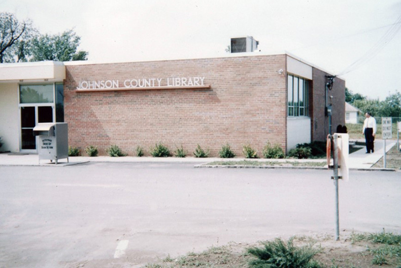 The exterior of the library branch, likely circa 1956. Photo courtesy Johnson County Library. 