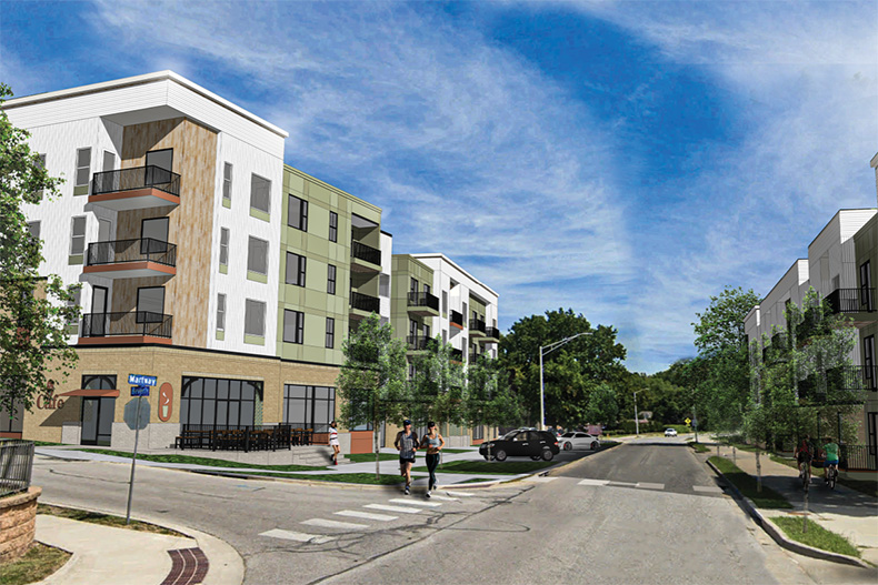 Mission Milhaus apartment rendering. Above is Martway Street looking east. Image credit NSPJ Architects.