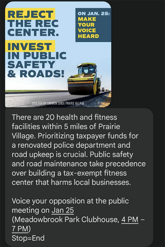Prairie Village community center text urges residents to oppose the idea in 2024. 