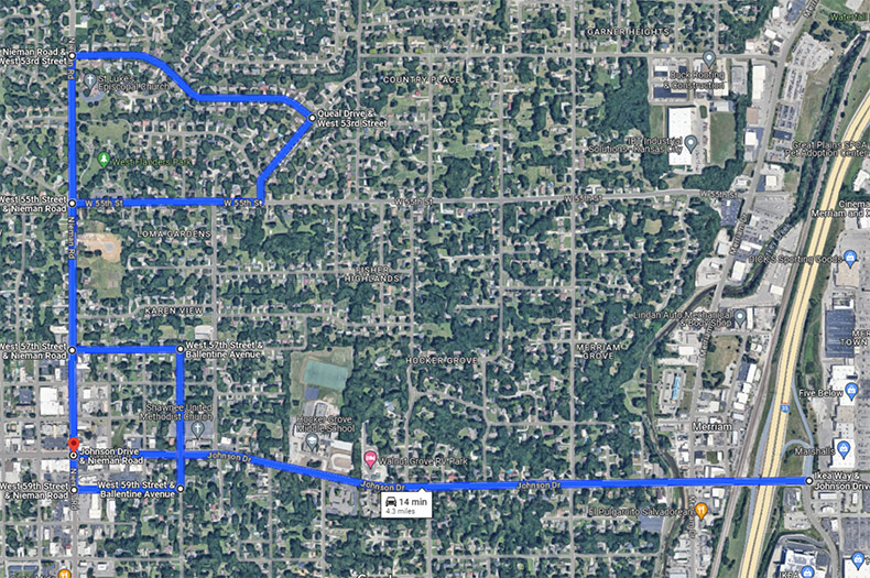 A map of where the pursuit went in and around downtown Shawnee Saturday evening. Image via Google Maps. 