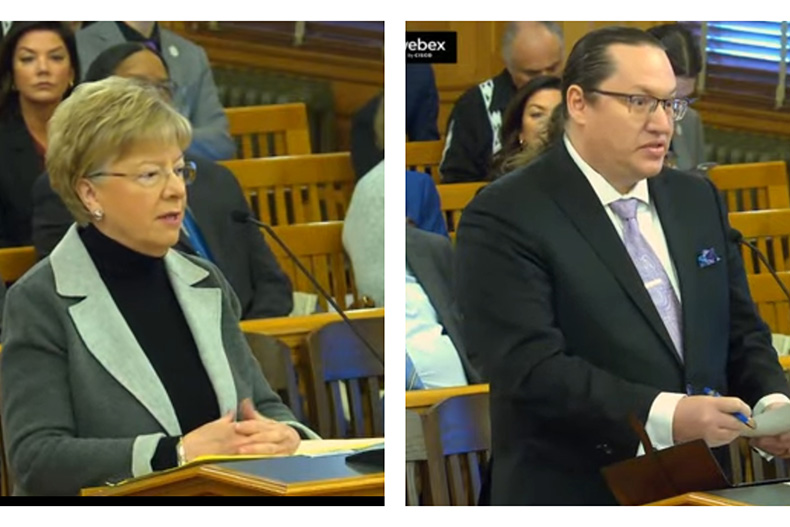Mayor Melanie Hepperly, left, and Chief Ben Barnes, right, at the Jan. 24 committee hearing. Screen grabs via YouTube.