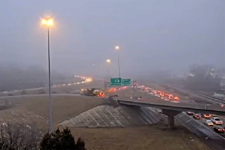 A traffic jam in Johnson County caused by a vehicle fire on the I-35 flyover ramp at U.S. 69 Highway in Overland Park. 
