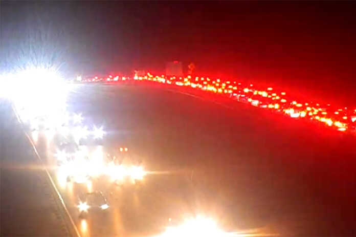 Traffic on southbound U.S. 69 in Overland Park backed up to 135th Street following a wreck Tuesday evening. Image via KC Scout.