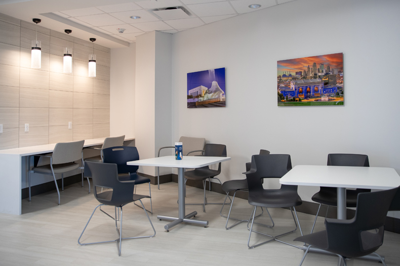 The newly renovated waiting room in the birthing center and NICU wing of Menorah Medical Center features artwork of famous Kansas City landscapes. 