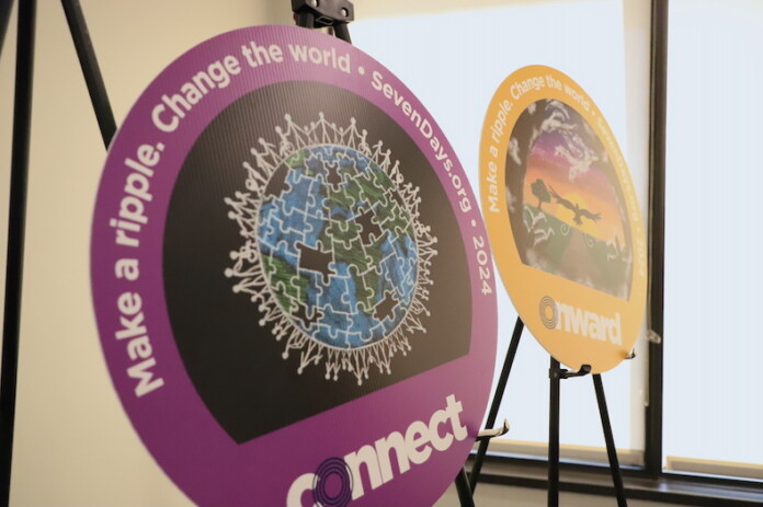 The themes this year are Love on April 10, Discover on April 11, Others on April 12, Connect on April 15, You on April 16, Go on April 17 and Onward on April 18. Above, two of the SevenDays button designs for 2024 displayed.