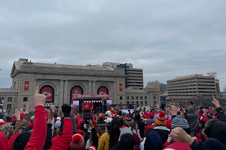 A scene from the 2023 Kansas City Chiefs Super Bowl victory rally at Union Station.