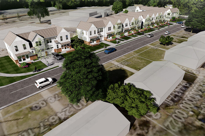 A rendering of the northeast aerial perspective of Mission Vale townhome project