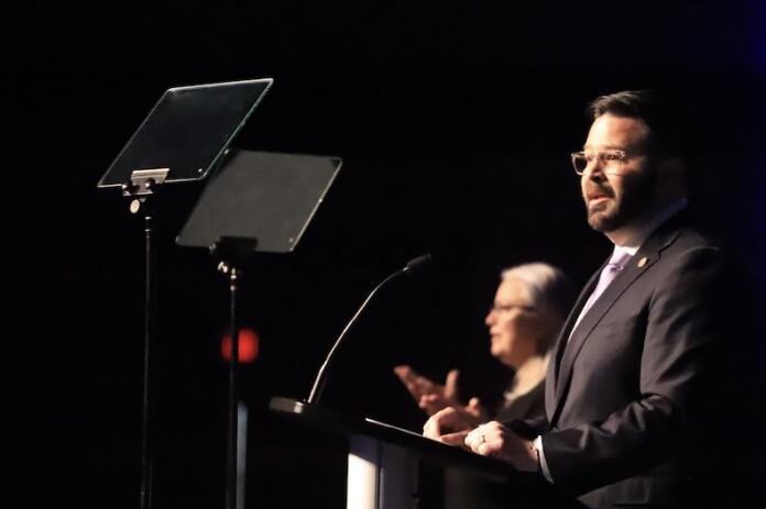 Johnson County Chair Mike Kelly gives the State of the County address on April 9, 2024.