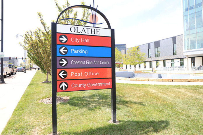 An existing sign in downtown Olathe directing people to City Hall and other places in the area.