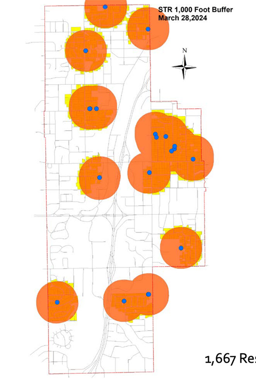 A map showing where new short-term rentals are restricted in Merriam with a 1,000-foot buffer in place.