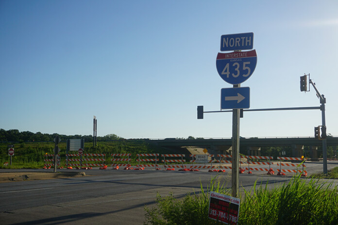 Road closed barriers near I-435 in Shawnee.