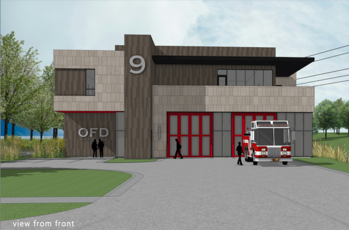 A conceptual rendering of Firehouse No. 9 planned at the corner of Woodland Road and College Boulevard.
