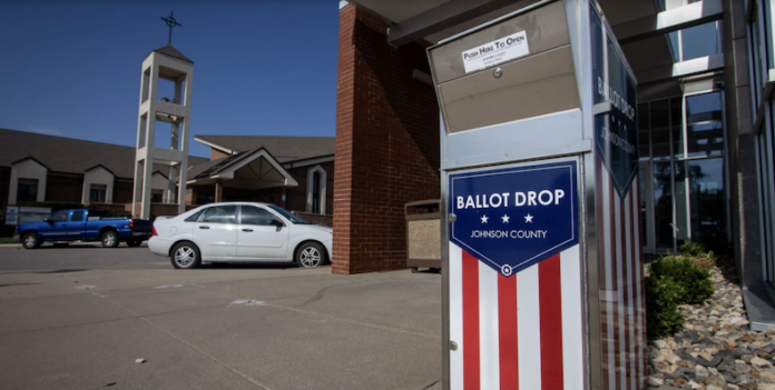 A Johnson County ballot drop box outside the Gardner branch of the Johnson County Public Library.