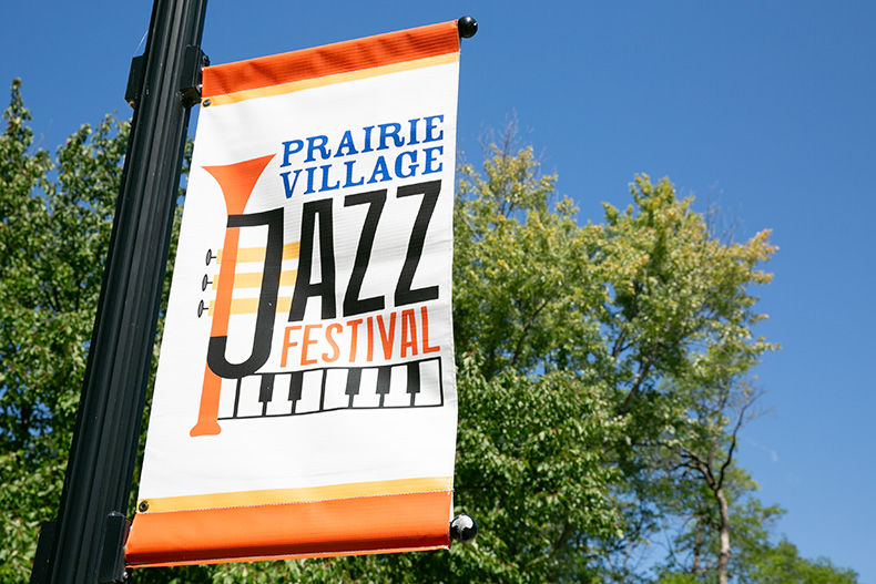 Prairie Village Jazz Fest sign on Mission Road in September 2024
