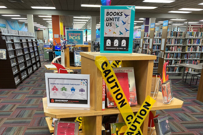 A banned books display at Oak Park Library in 2022.