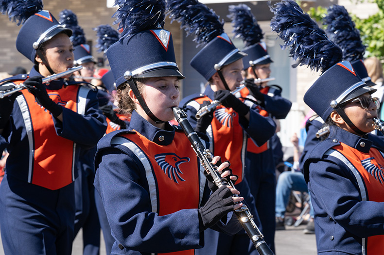 Olathe East marching band students participated in the Old Settlers Day parade last month.