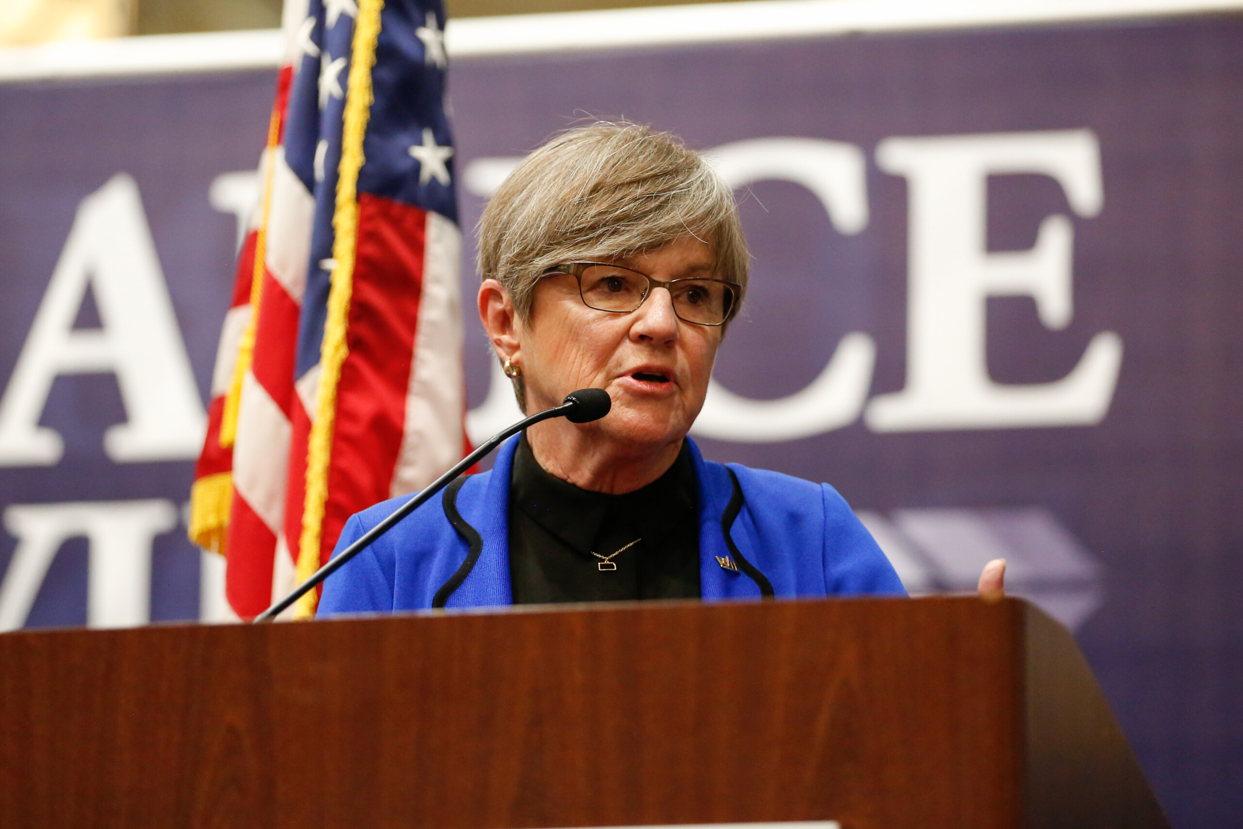 Gov. Laura Kelly speaks during the Johnson County Democratic Party's watch party.